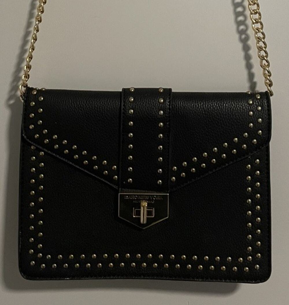 Marc New York Cross Body Bag Faux Leather Adjust. Strap Black Gold Accents 9x7”
